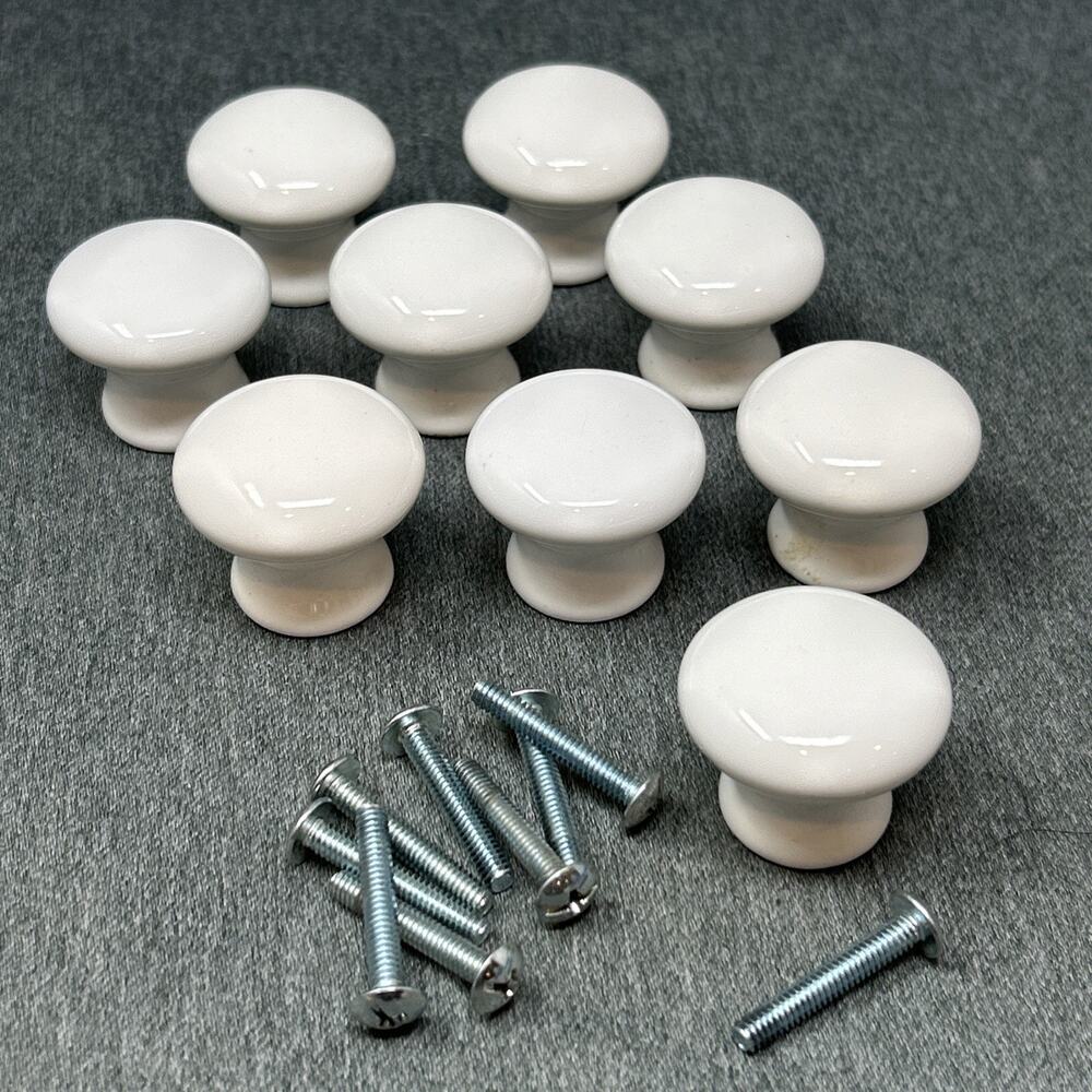 Vintage Lot of 9 White Porcelain Cabinet Knobs Mushroom Drawer Pulls with Screws